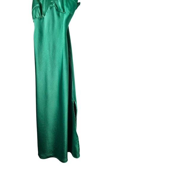 Japna XS Green Satin Slip Dress With Ruffled Details Side Slit Babydoll Side Zip - Picture 6 of 13